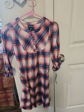paper doll Pink and Blue Plaid Long-Sleeve Shirt Dress